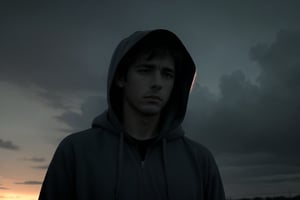 An illustration captures a lone man walking in the rain, his attire comprising a dark hoodie and a slim raincoat. The dark, cloudy sky and surroundings amplify his sense of sorrow. The color scheme is dominated by deep blues and grays, and his facial expressions are marked by a profound sadness. The lighting is subtle yet evocative, creating a melancholic atmosphere. 300 DPI, HD, 8K, Best Perspective, Best Lighting, Best Composition, Good Posture, High Resolution, High Quality, 4K Render, Highly Denoised, Clear distinction between object and body parts, Masterpiece, Beautiful face, 
Beautiful body, smooth skin, glistening skin, highly detailed background, highly detailed clothes, highly detailed face 