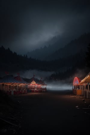 An eerie, abandoned carnival at twilight, shrouded in mist and mystery, depth of field, cinematic, masterpiece, best quality, high resolution 