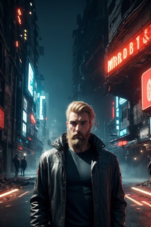 A portrait of bearded man, blue eyes, blonde hair, crew cut hairstyle, muscular, vest jacket, stand in natural stance at the Futuristic cyberpunk city, science fiction, neon lights, screens, apocalyptic, misty, foggy, windy, photorealistic, masterpiece, cinematic, best quality, high resolution