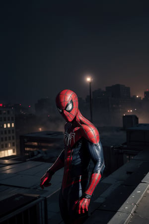 A photo of Peter Parker wearing Spider-man suit, standing with action stance at the building rooftop, dirt all over his body, windy and foggy at new york city background, hi angle shot, depth of field, bokeh, into the dark, deep shadow, cinematic, masterpiece, best quality, high resolution