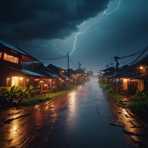 Photo of empty street of Indonesian farm village, dark night with (storm) and (heavy rain), neon lights flicker against the backdrop of  buildings, digital art, 8k, future, Cinematic, Photography, Ultra - Wide Angle, Depth of Field, hyper - detailed, insane details, intricate details, beautifully color graded, Unreal Engine 5, Cinematic, Photoshoot, masterpiece