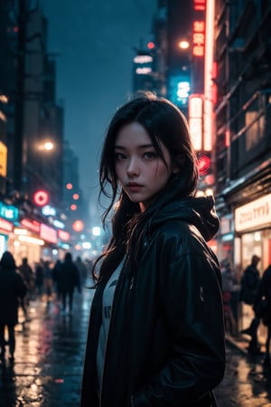 A portrait of young woman standing in the street, cyberpunk city, street vendor, neon lights, blue hour, misty, foggy, rainy, wide angle shot, shallow depth-of-field, bokeh, cinematic, masterpiece, best quality, high resolution