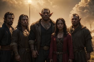 A family portrait of a dysfunctional orc family of 5 members, consisting of thieves, and con-artists and goons, hyperrealistic, cinematic, volumetric lighting, matte painting, masterpiece