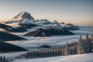 Mountain while winter, landscape, majestic, foggy, misty, blue vibes, eerie, golden hour, realism, realistic, ((masterpiece))