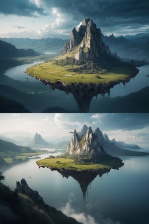 Generate a surreal landscape image featuring floating islands, upside-down mountains, and unconventional flora. Include a dreamlike quality, pushing the boundaries of reality. Conjure a scene that has imaginative and otherworldly elements.