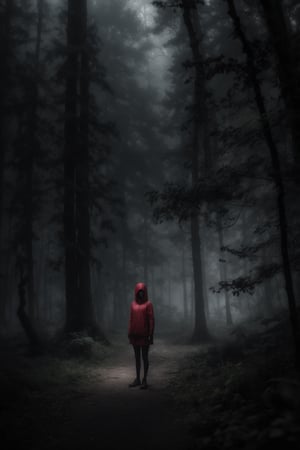 An Indonesian girl in the red hood standing alone at the deep dark forest with ancient towering trees in mysterious atmosphere, eerie, misty, foggy, depth of field, bokeh, cinematic, masterpiece, best quality, high resolution