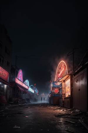 An eerie, abandoned carnival at twilight, shrouded in mist and mystery, depth of field, cinematic, masterpiece, best quality, high resolution 