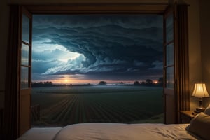 View from the warm cozy bedroom, on outside the window is raining, farm field, twilight, foggy, misty, storm cloud, blue vibes, cinematic, masterpiece, best quality, high resolution