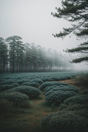 Photo of landscape, pine forest, rainy weather, foggy, misty, dreamy, teal and blue, 8k uhd, high quality, film grain, Fujifilm XT3