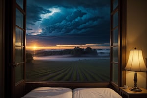 View from the warm cozy bedroom, on outside the window is raining, farm field, twilight, foggy, misty, storm cloud, blue vibes, cinematic, masterpiece, best quality, high resolution