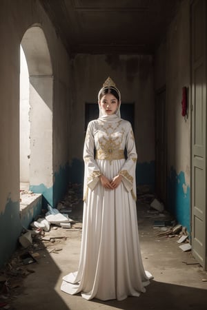 Indonesian noble, woman wearing an Indonesian traditional outfit, standing in a hall of an abandoned castle, in the style of hyperrealistic paintings, 32k uhd, dark white and light white, anime art, elaborate beadwork, exaggerated facial features, mural painting