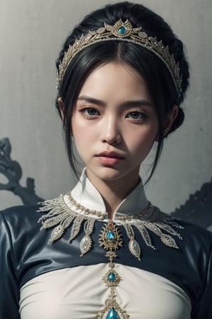 Indonesian noble, woman wearing an Indonesian traditional outfit, in the style of hyperrealistic paintings, 32k uhd, dark white and light white, anime art, elaborate beadwork, exaggerated facial features, mural painting