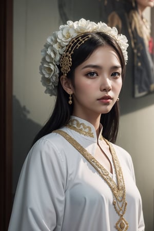 Indonesian noble, woman wearing an Indonesian traditional outfit, in the style of hyperrealistic paintings, 32k uhd, dark white and light white, anime art, elaborate beadwork, exaggerated facial features, mural painting