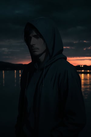 An illustration captures a lone man walking in the rain, his attire comprising a dark hoodie and a slim raincoat. The dark, cloudy sky and surroundings amplify his sense of sorrow. The color scheme is dominated by deep blues and grays, and his facial expressions are marked by a profound sadness. The lighting is subtle yet evocative, creating a melancholic atmosphere. 300 DPI, HD, 8K, Best Perspective, Best Lighting, Best Composition, Good Posture, High Resolution, High Quality, 4K Render, Highly Denoised, Clear distinction between object and body parts, Masterpiece, Beautiful face, 
Beautiful body, smooth skin, glistening skin, highly detailed background, highly detailed clothes, highly detailed face 