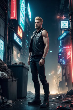 A portrait of bearded man, blue eyes, blonde hair with crew cut hairstyle, muscular, ex military, sleeveless vest jacket, stand in natural stance at the dump city, junk, science fiction, neon lights, screens, cyberpunk, misty, foggy, windy, photorealistic, masterpiece, cinematic, best quality, high resolution