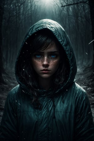 A beautiful evil woman, symmetrical light blue eyes, dark hair, small nose, freckles, wearing a parka, lonely, sad, upset, emotional, artistic, digital art, high details, HQ, award winning photography, depth of field, cinematic, (highly detailed), photorealism, HDR 4K, cinematic film still, masterpiece