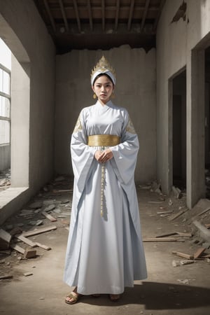 Indonesian noble, woman wearing an Indonesian traditional outfit, standing in a hall of an abandoned building, in the style of hyperrealistic paintings, 32k uhd, dark white and light white, anime art, elaborate beadwork, exaggerated facial features, mural painting