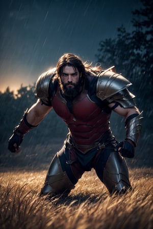 A Hercules, brown eyes, dark messy hair, bearded, muscular, athletic, broken armor, stand in action pose on the golden field at the blue hour, rainy, misty, foggy, shallow depth of field, into the dark, deep shadow, cinematic, masterpiece, best quality, high resolution, FFIXBG