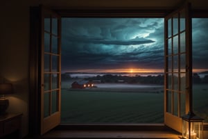 View from the warm cozy bedroom, on outside the window is raining, farm field, twilight, foggy, misty, storm cloud, blue vibes, cinematic, masterpiece, best quality, high resolution