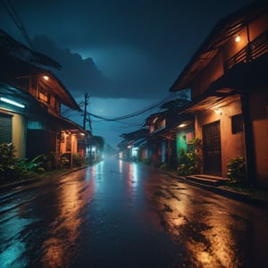 Photo of empty street of Indonesian small village, dark night with (storm) and (heavy rain), neon lights flicker against the backdrop of  buildings, digital art, 8k, future, Cinematic, Photography, Ultra - Wide Angle, Depth of Field, hyper - detailed, insane details, intricate details, beautifully color graded, Unreal Engine 5, Cinematic, Photoshoot, masterpiece