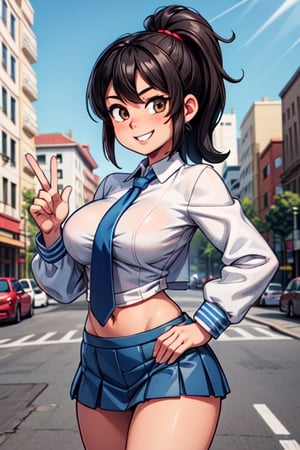 1girl, solo female,black hair, medium hair, ponytail hairstyle, brown eyes, white blouse, blue mini skirt, light blue jacket, red tie,smile face, big breasts, looking at viewer,on the street,  4k, high resolutioncorazón, pupila en forma de corazón, presumida, sonrisa, rubor, dientes, obra maestra, mejor calidad, cuerpo completo, desnudos, realismo, levantamiento de falda, FrankieFoster, , , , ,  