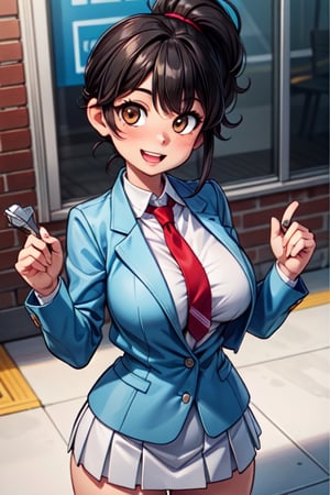 1girl, solo female,black hair, medium hair, ponytail hairstyle, brown eyes, white blouse, blue mini skirt, light blue jacket, red tie,smile face, big breasts, looking at viewer,on the street,  4k, high resolutioncorazón, pupila en forma de corazón, presumida, sonrisa, rubor, dientes, obra maestra, mejor calidad, cuerpo completo, desnudos, realismo, levantamiento de falda, FrankieFoster, , , , ,  