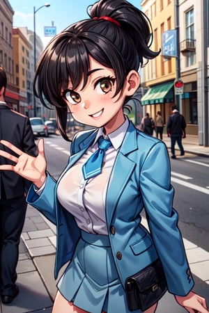 1girl, solo female,black hair, medium hair, ponytail hairstyle, brown eyes, white blouse, blue mini skirt, light blue jacket, red tie,smile face, big breasts, looking at viewer,on the street,  4k, high resolution