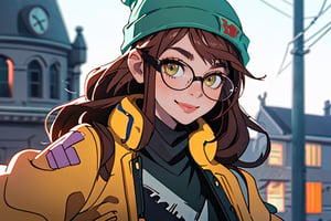 (best quality, masterpiece), 1girl, yellow leather jacket, holding a rifle, looking at the viewer, backlighting, seductive smile, street, blurry background, killjoy, valorant, eyeglasses, green beanie, turret in the background