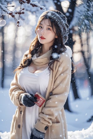 8k, masterpiece, best quality, dream wave, aesthetic, ((1 girl)),warm clothes, (large breasts:1.2),((winter:1.2)),snow, (false:1.15),(void:1.25),(magic:1.25),dream_girl