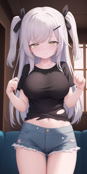 (masterpiece), best quality, high resolution, extremely detailed, detailed background, perfect lighting,(loli:1.5),tokio_synduality_noir, bangs, (yellow eyes:1.3), grey hair, (side-swept bangs:1.5),two side up, long hair,hair ornament, hair ribbon, hairclip,(light skin:1.4), female focus,(voluminous hair:1.3),(t-shirt:1.5),torn clothes, denim shorts,mole on thight, two side up, embarrassed,pleasure the pain,masochist,cute pose,BREAK indoors,  hot springs,  BREAK looking at viewer,  (cowboy shot:1.5),  BREAK,  (masterpiece:1.2),  best quality,  high resolution,  unity 8k wallpaper,  (illustration:0.8),  (beautiful detailed eyes:1.6),  extremely detailed face,  perfect lighting,  extremely detailed CG,  (perfect hands,  perfect anatomy),  solo,  ultra beautiful,(feminine:1.5),(large breasts:1.5),(gender swap:1.5),