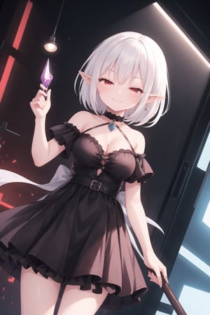 (masterpiece),1girl,medium hair,white hair,red eyes,cyberpunk style city,elf,pointy ears,bare shoulders,frills,dress,witch dress,short sleeves,cleavage,smirking,almost closed eyes,smile,magic,standing,dutch angle
