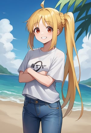 score_9,score_8_up,score_7_up,source_anime,1girl,ijichi_nijika,t-shirt,jeans,blue jeans,outdoors,beach,standing,smile,crossed arms,looking at viewer, dutch angle, cowboy shot,solo,