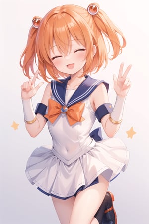 (masterpiece),1girl,solo,orange hair hair,closed eyes,short hair,one side up,hair between eyes,sidelocks,hair bow,sailor moon costume,cosplayer,cosplay,:d,hands up,standing on one leg,v sign,cute pose,blush,looking at viewer, cowboy shot, dutch angle 