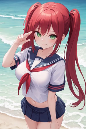 (((masterpiece))),(((best quality))), ((high resolution)), (((highly detailed))),1girl,(gourgeous),goddess,red hair,green eyes,(((serafuku))),medium breasts,(((twintails))),(((beach))),arrogant,smile,midnight,curvy_figure,cute pose