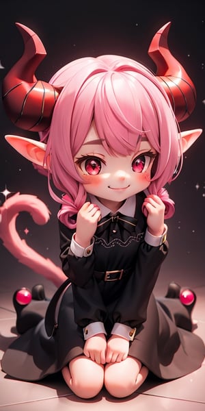 1 cat,pink hair,red detailed sparkling eyes,tiny smile,focus,perfect lighting,figure style,kneeling,wearing black formal dress,better hands,pinching POV,red eyes,elf ears,2 red horns