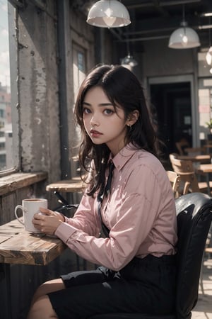 high detailed,light pink shirt,indian,20 years old beautiful woman,brown skin,20 years old,cafe environment,sitting on chair,having coffee,artifial light,aestheic light,wearing black loose tie,light pink lipstick,long straight black hair,hair strands behind ear,earrings,cinematic background blur,full body,tyndall effect,sunlight