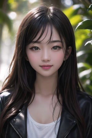 masterpiece,best quality,photorealistic,high resolution,8K raw photo,1girl,big smile,cute face,18 yo,lips,long_hair,huge breasts ,fully_clothed,looking_at_viewer,full_body,facing_viewer,casual,rain forest  background,realistic,solo,Highly Detailed . shallow depth of field,vignette,highly detailed,cinemascope,moody,epic,gorgeous,passport,asian girl,b3rli,mai,AI_Misaki