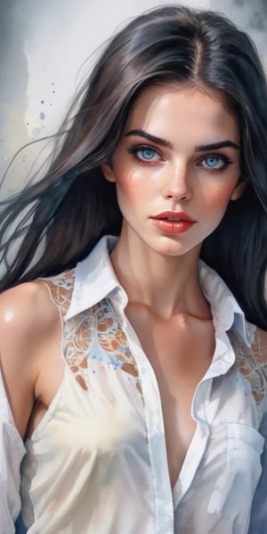 beautiful and exciting young woman, sensual, long dark hair, slender, perfect face, makeup, alluring, flirtatious, symmetrical highly detailed sharp eyes, Sliding shirt, open shirt, Watercolor, trending on artstation, sharp focus, studio photo, intricate details, highly detailed,nsfw,art_booster