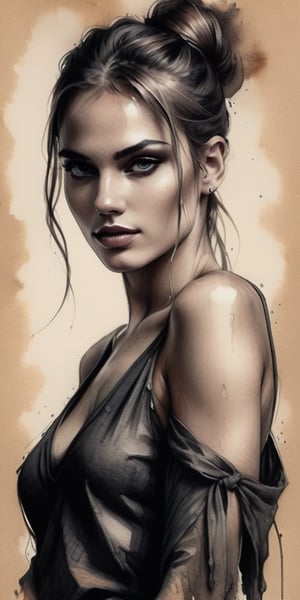 aesthetic erotic dark art, pencil sketch art, amazing quality, masterpiece, best quality, highres, breathtaking, breathtaking young and beautiful woman, close_up low angle, open wide tunic, topless, ponytail, slender, sensual, exciting, perfecteyes, portraitart,portrait art style, dim light,concept art,dark theme, ,charcoal \(medium\)