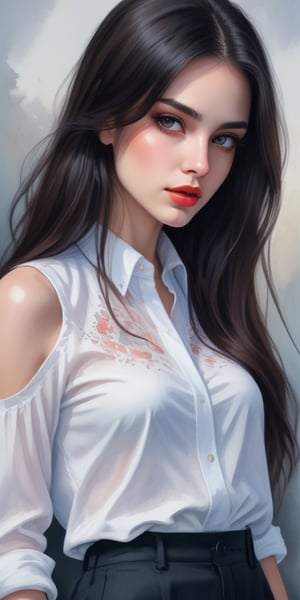 beautiful and exciting young woman, sensual, long dark hair, slender, perfect face, makeup, alluring, flirtatious, symmetrical highly detailed sharp eyes, Sliding shirt, open shirt, Watercolor, trending on artstation, sharp focus, studio photo, intricate details, highly detailed,nsfw,art_booster,<lora:659095807385103906:1.0>