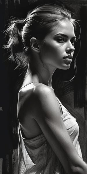 aesthetic nude dark art, pencil sketch art, amazing quality, masterpiece, best quality, highres, breathtaking, breathtaking young and beautiful woman, close_up low angle, open wide tunic, topless, ponytail, slender, sensual, exciting, perfecteyes, portraitart,portrait art style, dim light,concept art,dark theme, ,charcoal \(medium\)