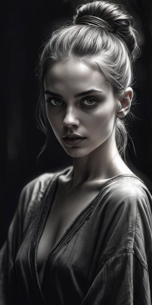 aesthetic dark art, pencil sketch art, amazing quality, masterpiece, best quality, highres, breathtaking, breathtaking young and beautiful woman, close_up low angle, open wide tunic, topless, ponytail, slender, sensual, exciting, perfecteyes, portraitart,portrait art style, dim light,concept art,dark theme, 