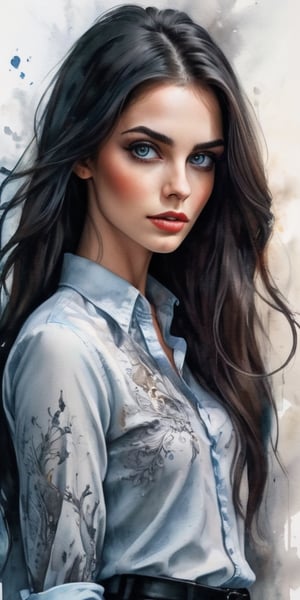 beautiful and exciting young woman, sensual, long dark hair, slender, perfect face, makeup, alluring, flirtatious, symmetrical highly detailed sharp eyes, simple Sliding shirt, Watercolor, trending on artstation, sharp focus, studio photo, intricate details, highly detailed,ink ,oil paint ,painted world,smoke,ink scenery