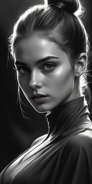 aesthetic dark art, pencil sketch art, amazing quality, masterpiece, best quality, highres, breathtaking, breathtaking young and beautiful woman, close_up low angle, open wide tunic, topless, ponytail, slender, sensual, exciting, perfecteyes, portraitart,portrait art style, dim light,concept art,dark theme, 