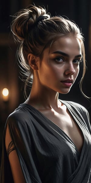 aesthetic sexy dark art, pencil sketch art, amazing quality, masterpiece, best quality, highres, breathtaking, breathtaking young and beautiful woman, close_up low angle, open wide tunic, topless, ponytail, slender, sensual, exciting, perfecteyes, portraitart,portrait art style, dim light,concept art,dark theme, 