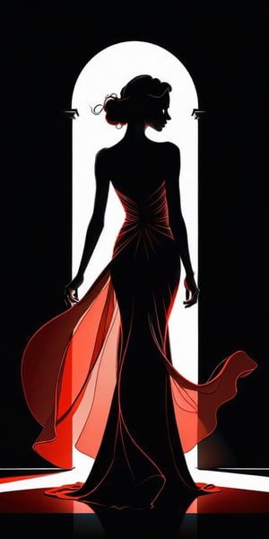 score_10, score_9_up, score_8_up, score_7_up, Silhouette Art, breathtaking line art drawing , a beautiful young woman, slender dark dim figure, slightly posing, a tight sleek strict dress, bright red backlight illuminates elegant woman's dark dim silhouette, (bright glowing red contour and outline), graceful amazing and sensual look. (very dark foreground, black solid background), chiaroscuro, detailed, high quality, high resolution, contrast. professional, sleek, modern, minimalist, graphic, line art, vector graphics . award-winning, professional, highly detailed, high contrast, well defined, Silhouette Art,amazing quality, masterpiece,best quality