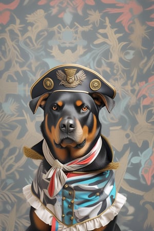 Anthropomorphic Rottweiler wearing a pirate outfit, portrait photography, postmodern --ar 3:4 --style raw