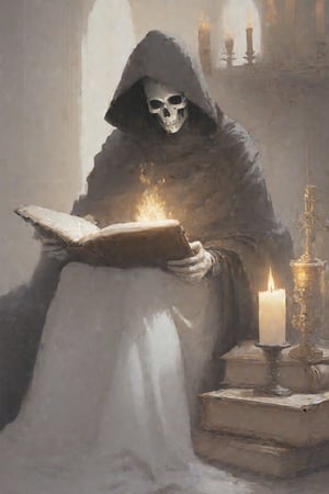 solo, 1boy, holding, sitting, male focus, indoors, hood, book, fire, cloak, hood up, holding book, skull, open book, reading, candle, hooded cloak, black cloak, candlestand