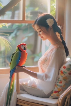 A serene beautiful Thai girl sits on easy chair,  as she tenderly reaches out with her left hand to pet a vibrant parrot perched on the window frame. Soft light rays emanate from behind her, casting a warm glow on her porcelain skin and illuminating the feathered friend. The window, positioned at her left side, provides a stunning backdrop of natural beauty, 