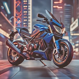 A RAW photograph of a BMW bike, featuring a striking blue color that stands out against a dark, cool sky. The full bike is captured in the frame, with highly detailed elements such as grills and headlights rendered in 4k resolution for ultra-sharp clarity. The bike boasts a great body kit and spoilers, enhancing its aesthetic appeal. The scene is set in a neon city backdrop, adding to the overall atmosphere. The image is a masterful piece, showcasing the bike's intricate details and realistic textures, captured in 8k resolution for unparalleled detail and sharpness.